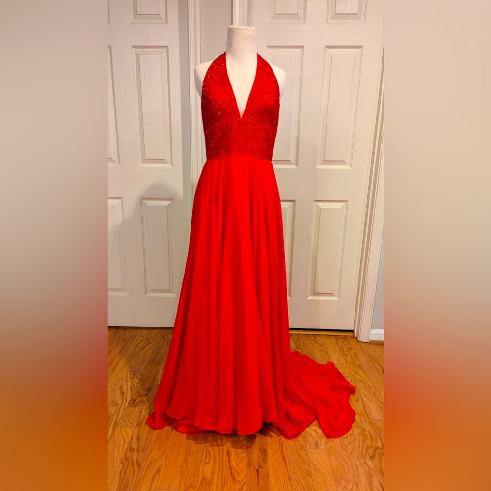 Sherri Hill Red Beaded Halter Evening Gown